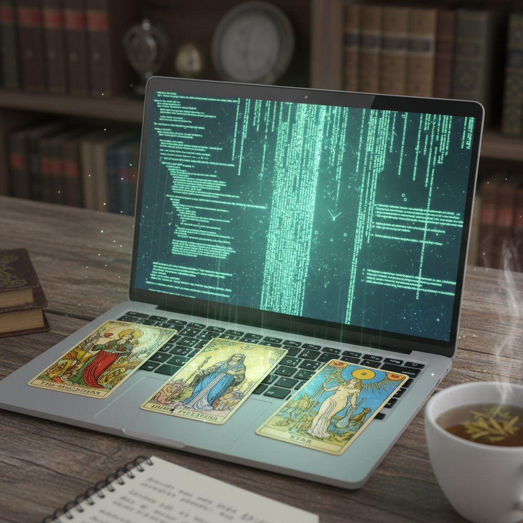 Nowoczesna wróżka online z kartami tarota i laptopem, ilustrująca digitalizację wróżbiarstwa i AI
