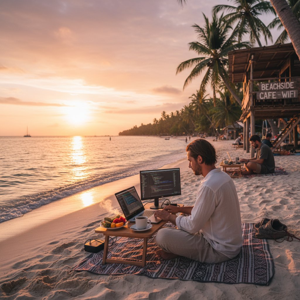 Photo of a laptop open on a beach, AI itinerary displayed onscreen for digital nomad travel planning