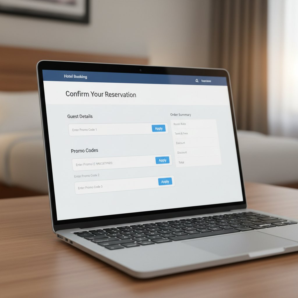 Laptop screen showing multiple promo code fields filled, energetic workspace, hotel booking in progress
