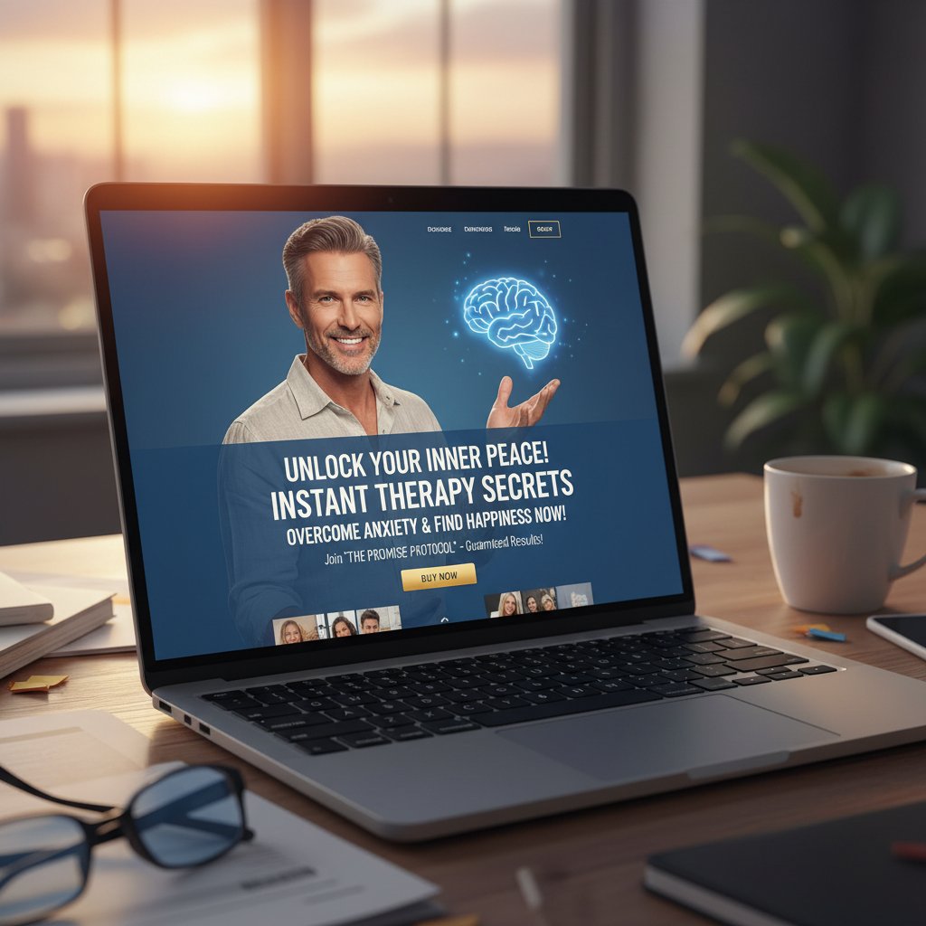 Zbliżenie na ekran laptopa z profilem internetowego guru obiecującego szybkie efekty psychoterapii