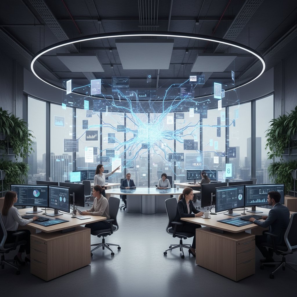 A modern office with AI-powered document analysis screens, people collaborating quickly around a digital summary