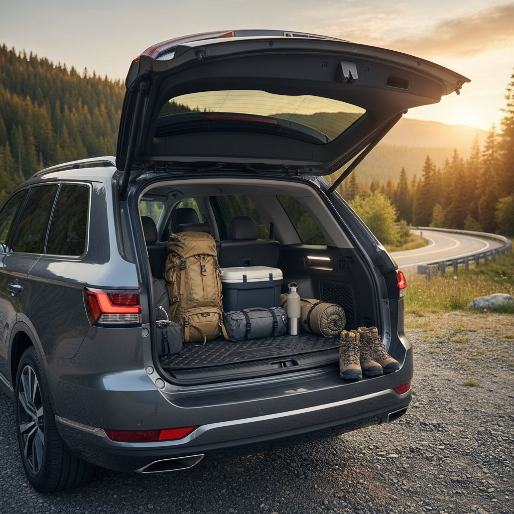 Open rear hatch of a large SUV revealing substantial cargo space with rear seats folded flat