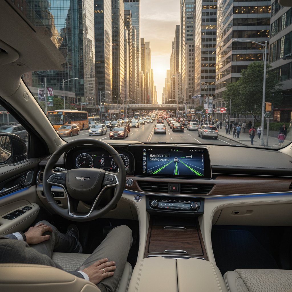 Driver’s hands hovering above the steering wheel as driver-assist technology operates, cityscape outside window
