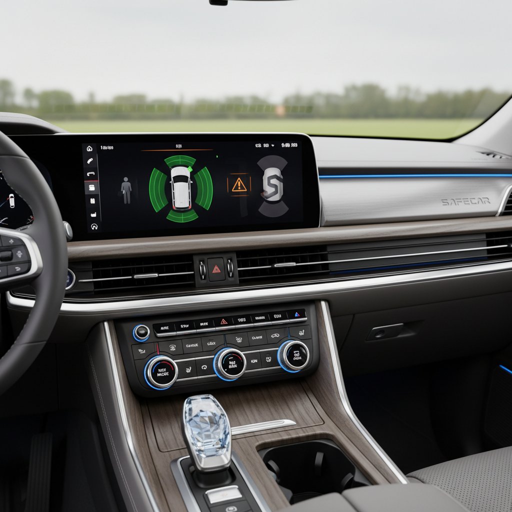 A close-up of steering wheel controls and large infotainment display in a 2025 full-size SUV, with safety systems engaged
