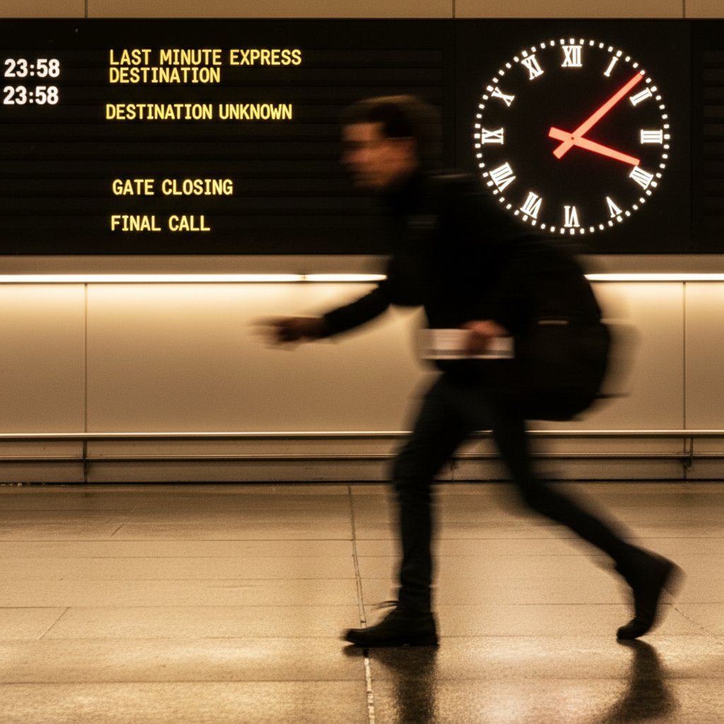 Last-minute flight clock, close-up of a clock showing airplane-shaped shadow suggesting urgency in money-saving flight tips