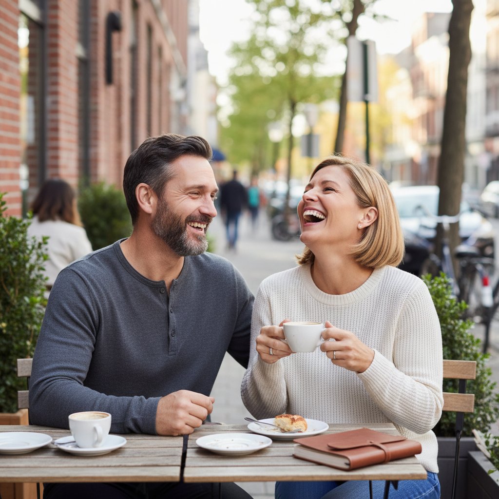 Two adults laughing together in a quirky urban café, both divorced and connecting over shared experiences, symbolizing authentic post-divorce dating