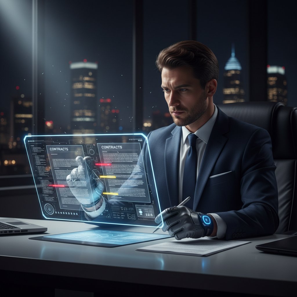 Lawyer examining digital documents for authenticity, highlighting legal and creative impacts of AI document analysis