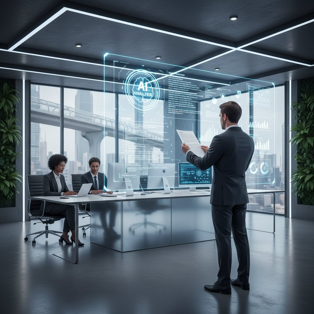 Lawyer in modern office surrounded by digital documents and virtual data overlays, using AI for document analysis