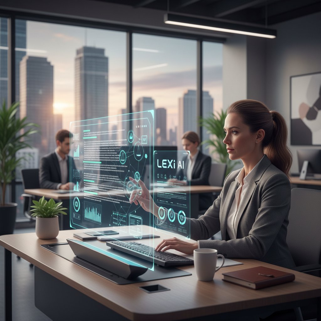 Lawyer using AI-powered contract tool on a laptop, modern office setting
