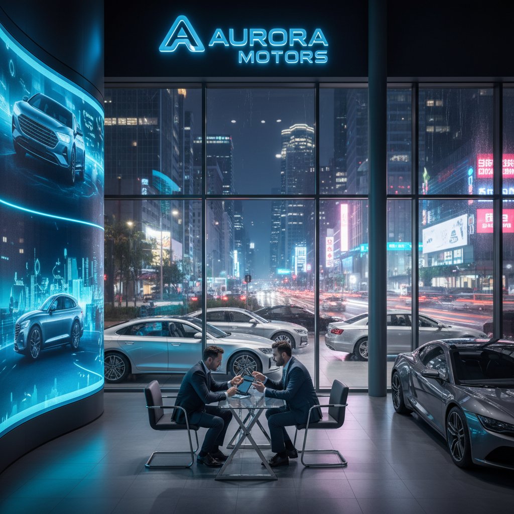 Cinematic lease negotiation scene at car dealership at night, two people negotiating fiercely