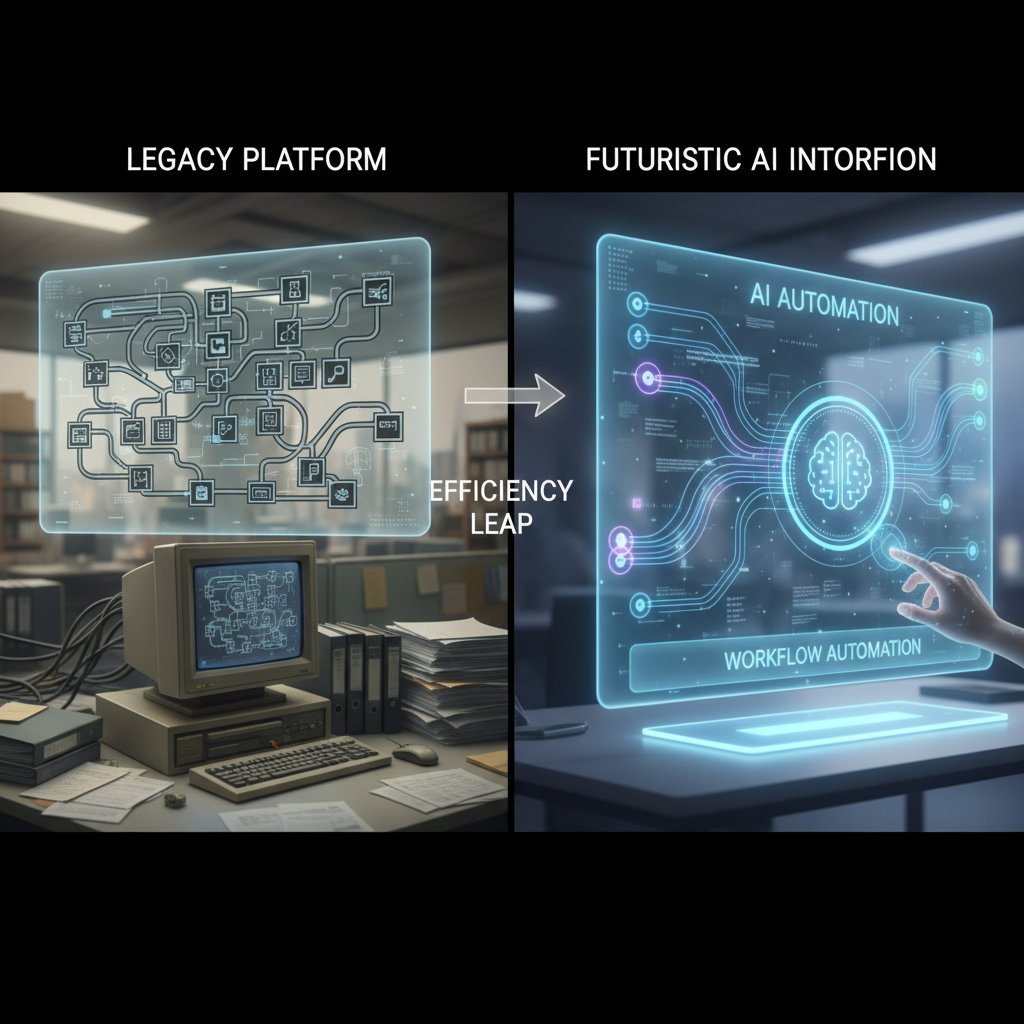 Old versus new workflow automation software side by side, with a split image showing a dated interface next to a sleek futuristic AI dashboard