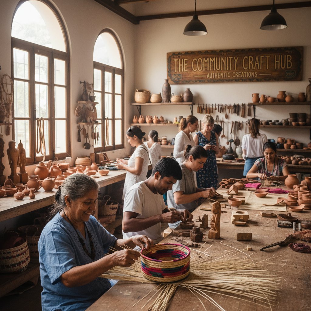 Photo of local artisans working in a hotel-supported workshop, crafting goods in a lively, communal setting, expressing authenticity