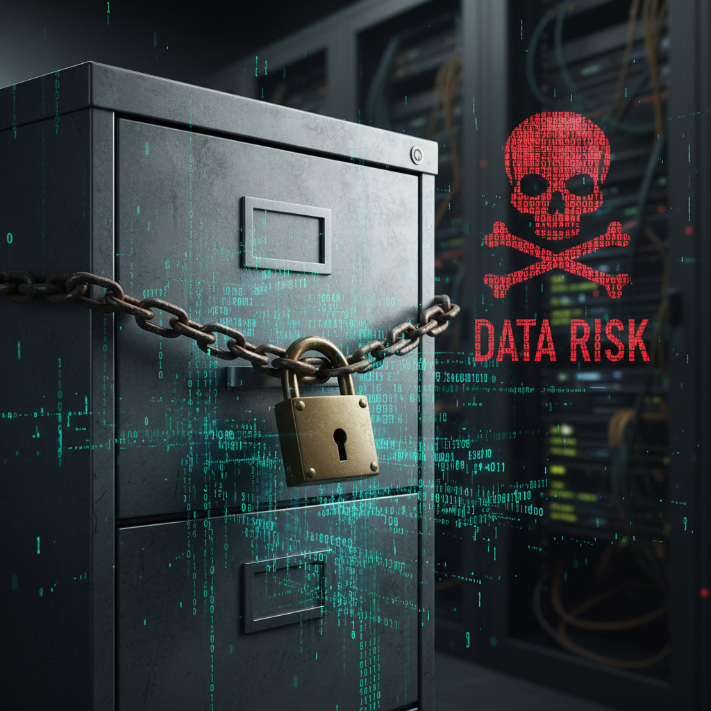 Locked file cabinet melting into binary code, symbolizing data risk in document management software