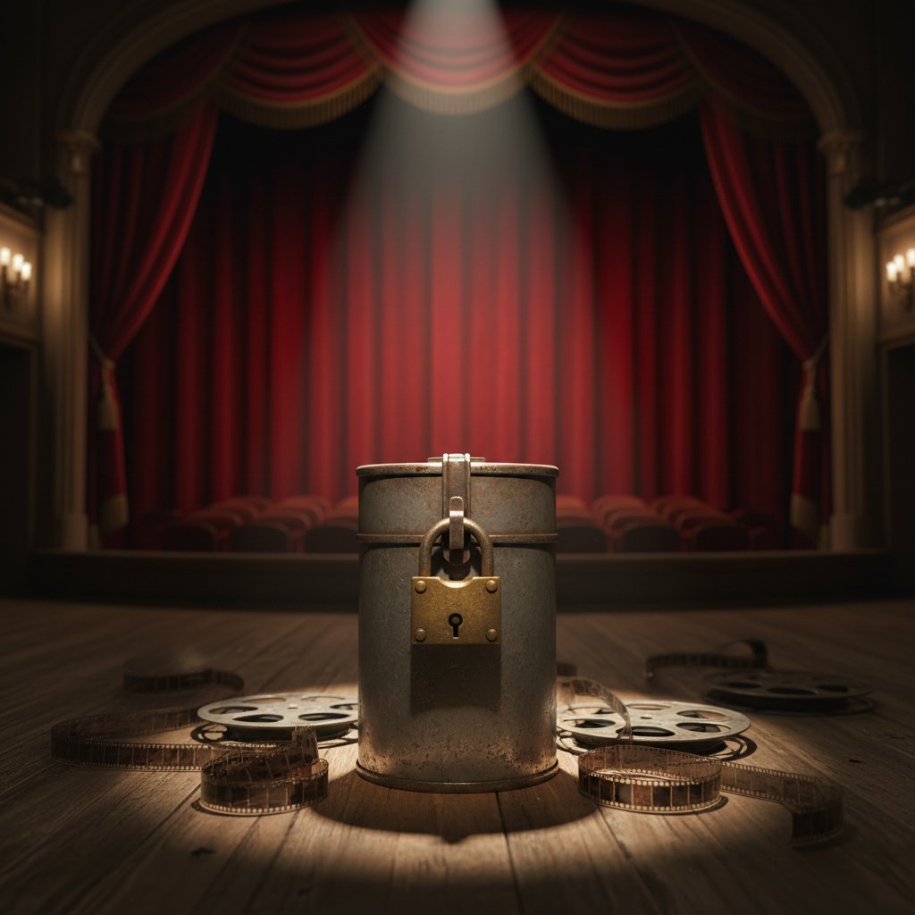 A locked film canister symbolizing a comedy stuck in distribution hell