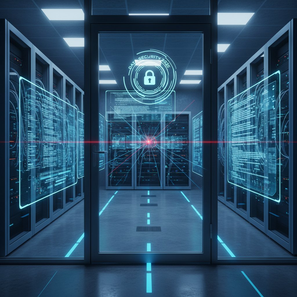 Secure server room representing data protection and compliance in 2025, bathed in blue light