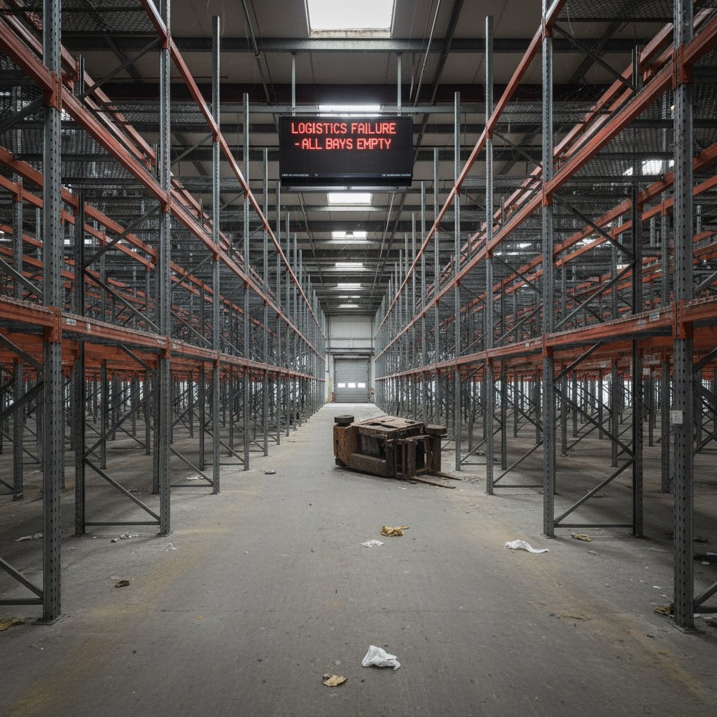Pracownik w pustym magazynie po błędach logistycznych, upadek firmy