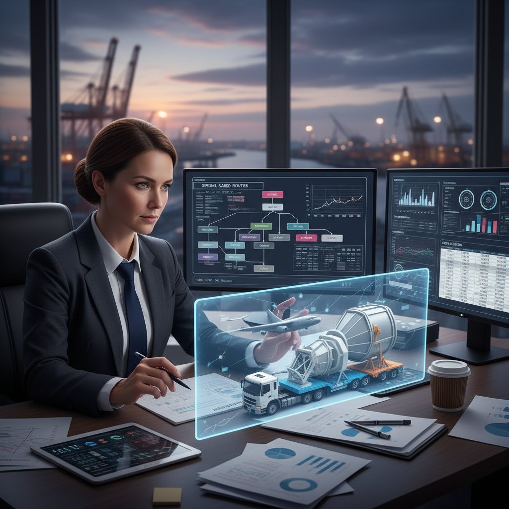 Logistics manager analyzing special cargo flight costs and documents