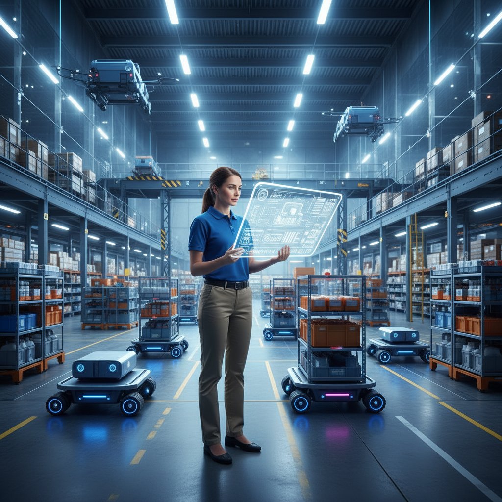 Operator zarządzający robotami logistycznymi z poziomu tabletu, w tle autonomiczne wózki
