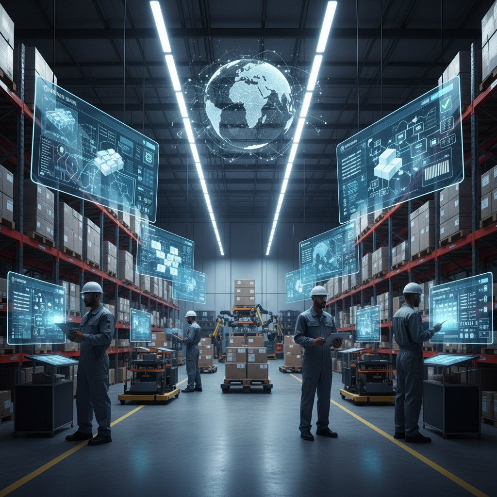Logistics warehouse with digital screens and workers using tablets, showing real-world DMS adoption