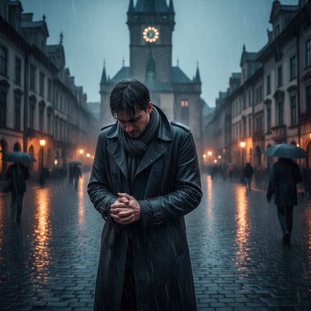 Osoba stojąca samotnie na miejskim placu w deszczu, symbolizująca emocjonalną walkę w polskim społeczeństwie