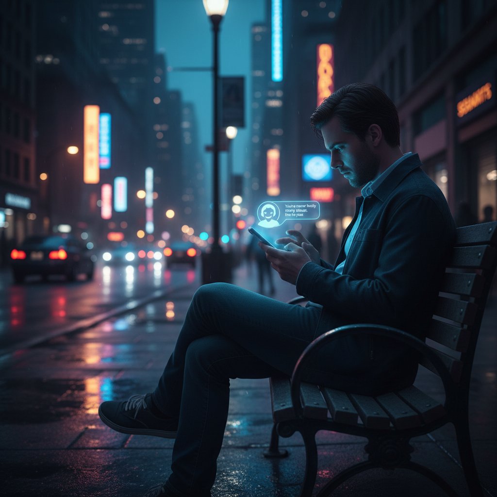 A lonely person at night chatting with a glowing AI chatbot on their phone, city lights in the background, highlighting digital loneliness and the rise of chatbot relationships