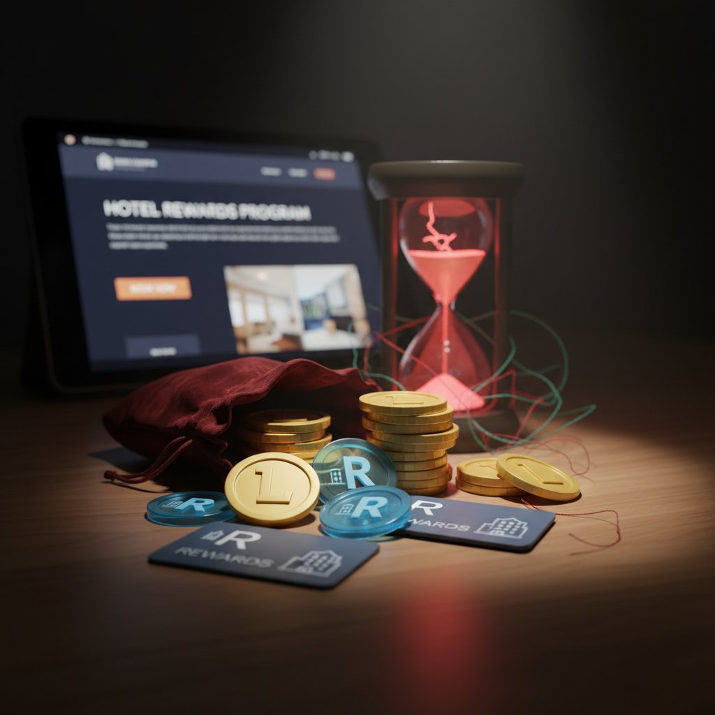 Photo of a handcuffed traveler holding hotel loyalty points card, symbolizing risks of rewards programs