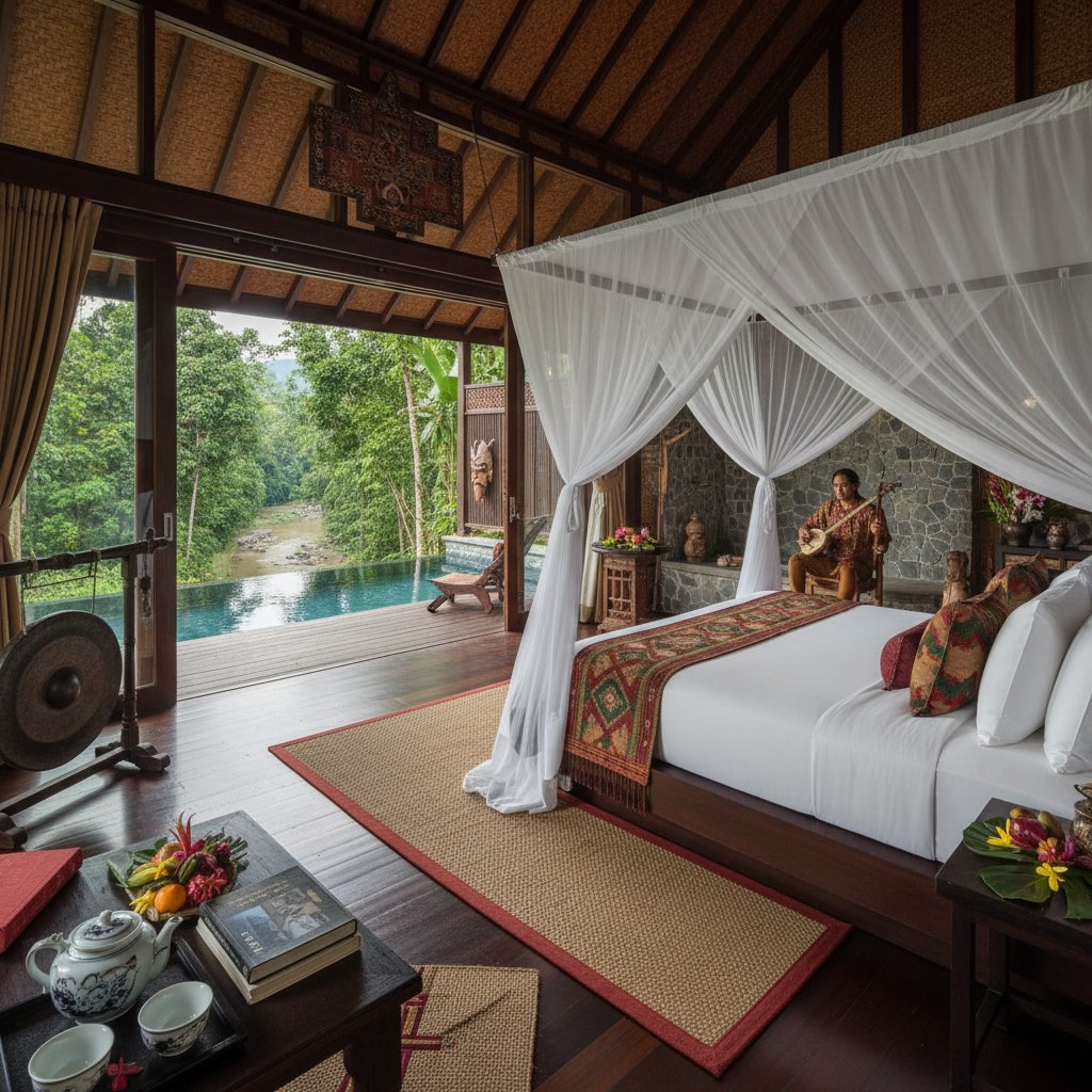 Traveler experiencing cultural immersion in luxury accommodation