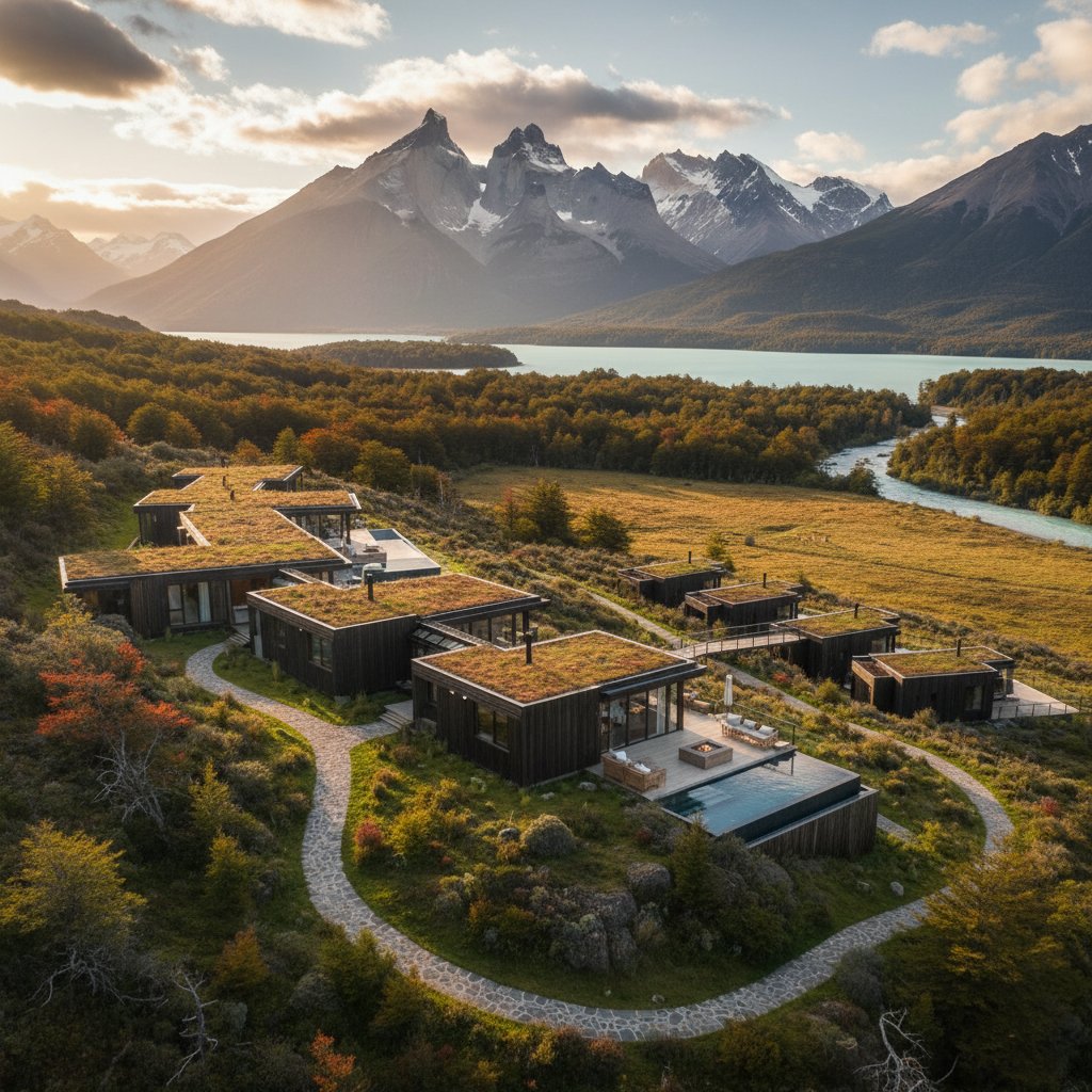 Luxury eco-lodge in Patagonia with stunning landscape view