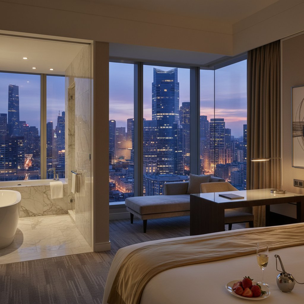 Luxury hotel room with panoramic city skyline view at dusk, showcasing urban skyline hotels