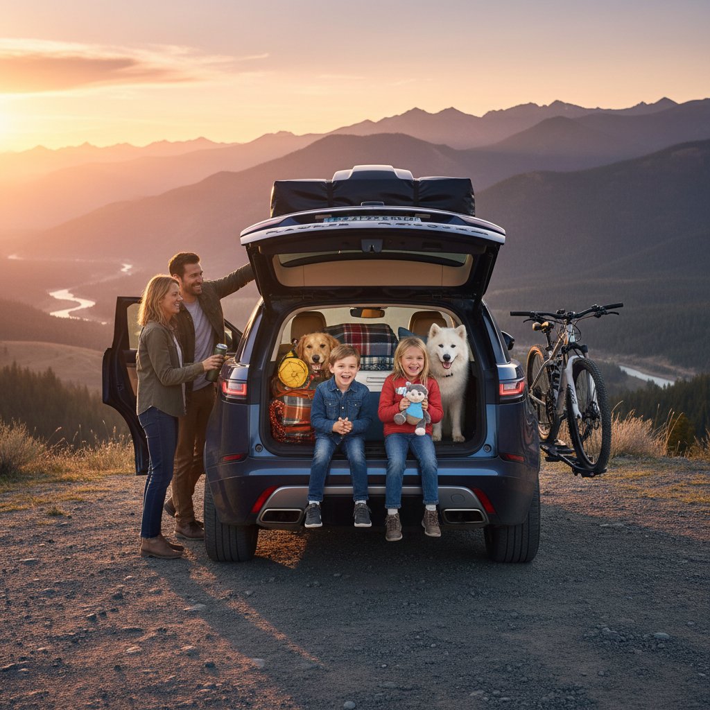 Family adventure with luxury SUVs, SUVs loaded for a trip, children and pets, open trunk, daily SUV life
