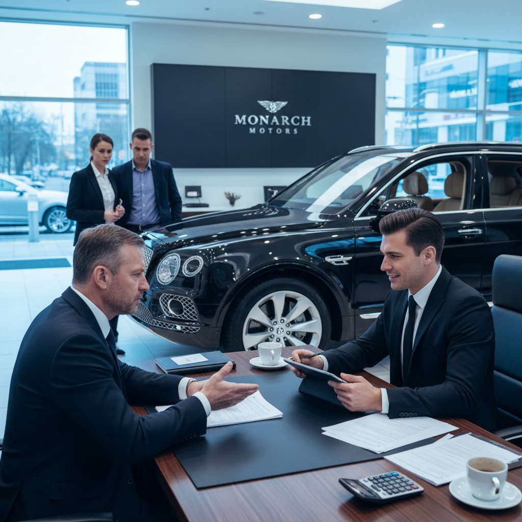 Negotiating luxury SUV purchase, dealership negotiation scene, tense atmosphere, car buying process