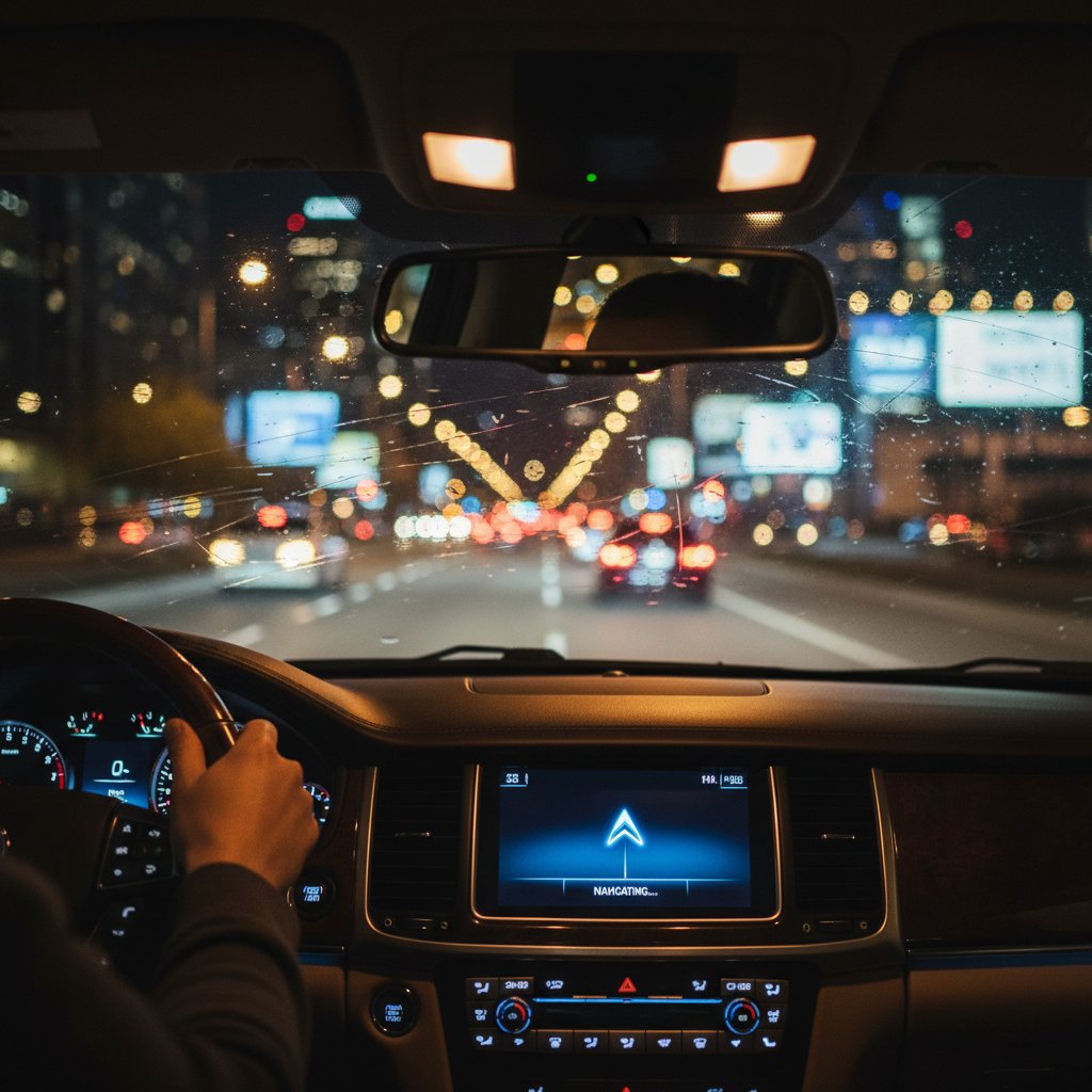 Looking ahead after the luxury SUV decision, rearview mirror shot, city lights at night, ambiguous destination, choosing a luxury SUV
