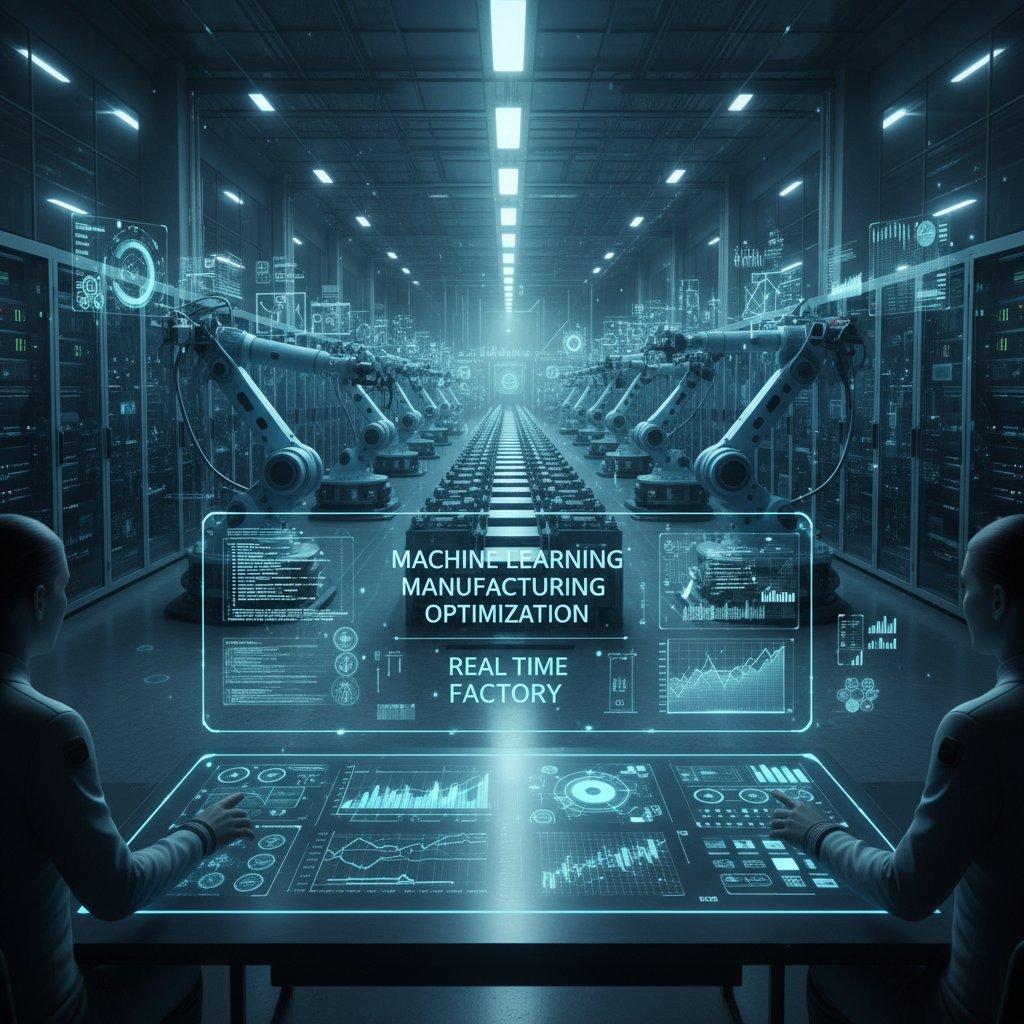 Machine learning optimizing manufacturing process in real time, factory floor with digital overlays and data streams