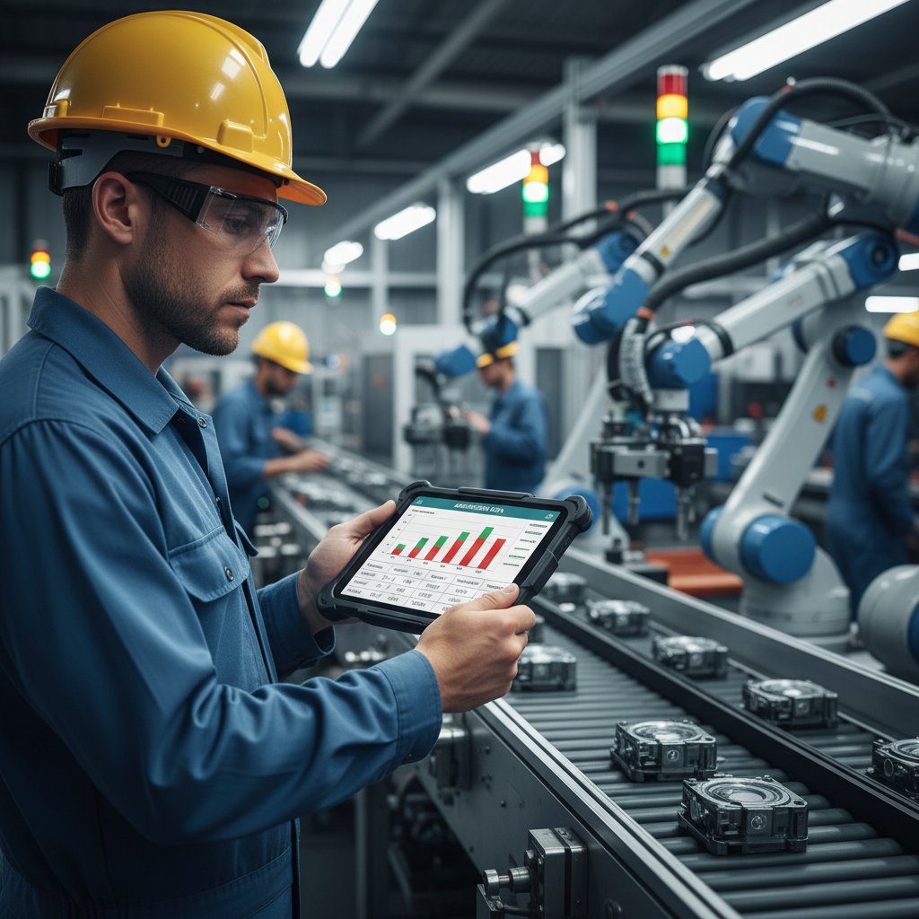 Operator maszyn i lider zmiany analizujący dane absencyjne na tablecie przy linii produkcyjnej