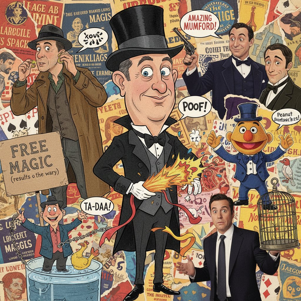 Array of magician characters representing different comedy styles, collage, movie stage magic comedy
