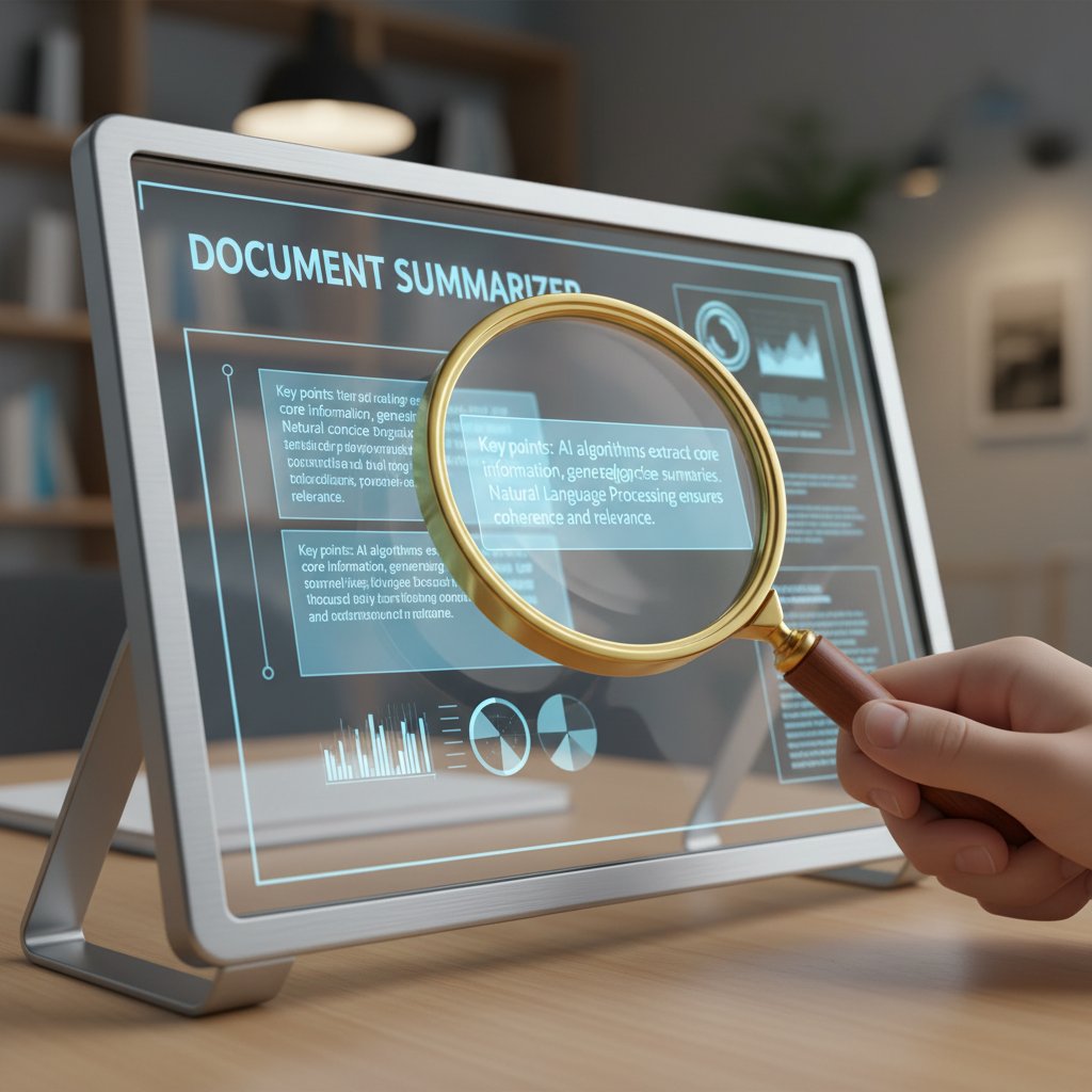 Moody photo of a hand holding a magnifying glass over digital text highlights, representing the scrutiny needed to evaluate document summarizer for critical insights