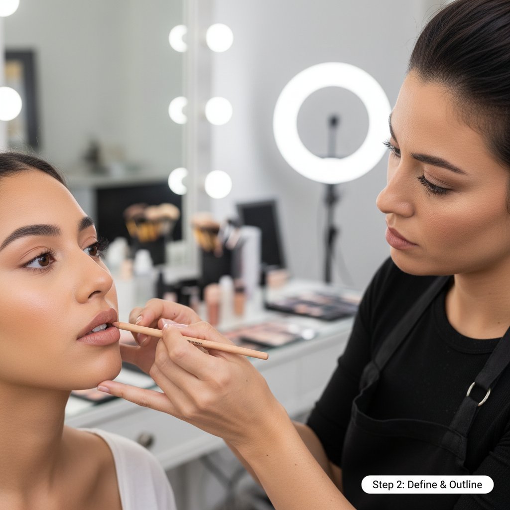 Makijażystka nakładająca konturówkę na usta, tutorial make-up, zbliżenie na twarz modelki, jasne studio