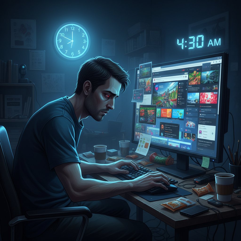 Mężczyzna przy komputerze, przepracowany, uzależnienie od internetu