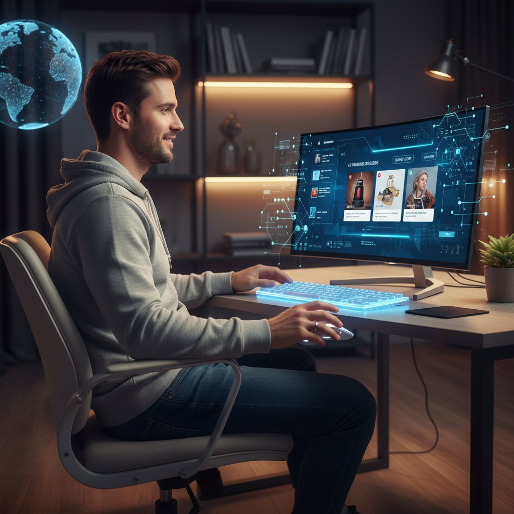 Mężczyzna siedzący przy laptopie, analizowany przez sztuczną inteligencję podczas zakupów online