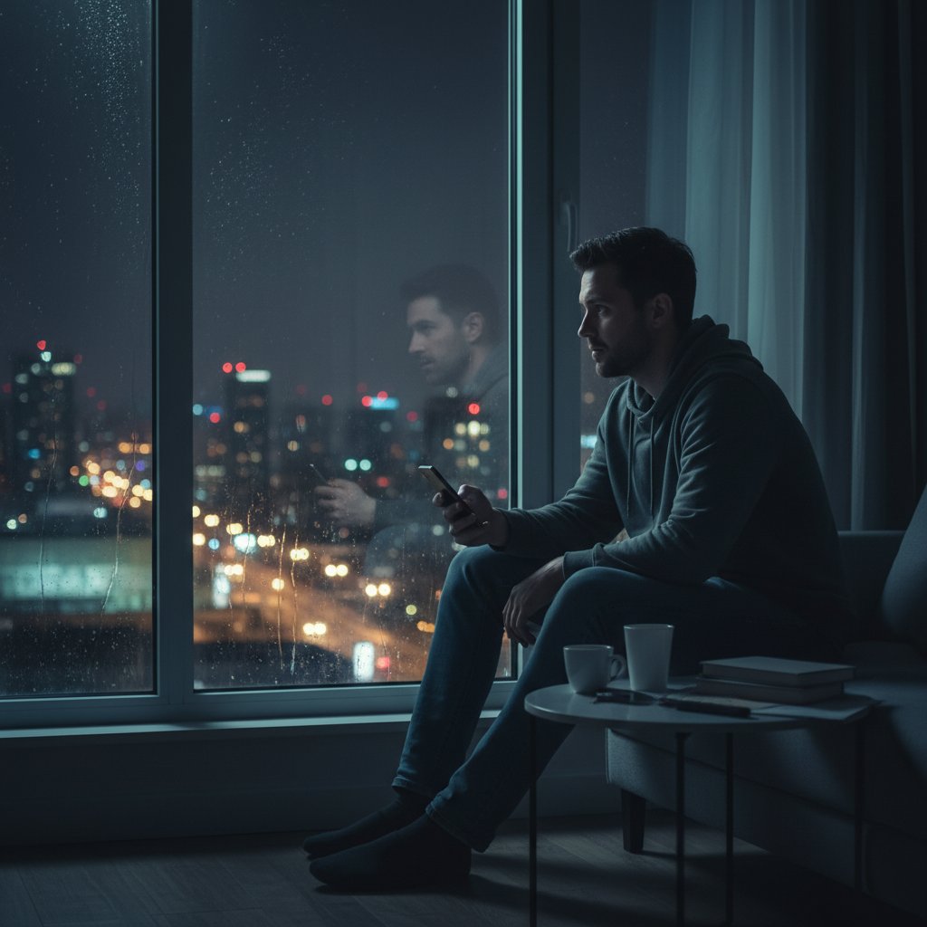Samotny mężczyzna nocą patrzący w ekran smartfona, zdrowie mężczyzny online
