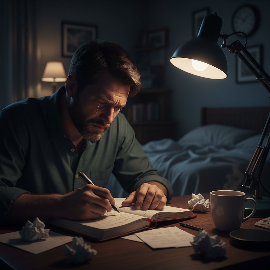 Man writing an intense journal entry late at night