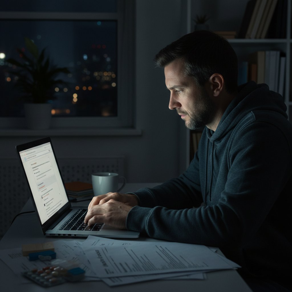Mężczyzna przeglądający wyniki wyszukiwania na laptopie, porady zdrowotne online
