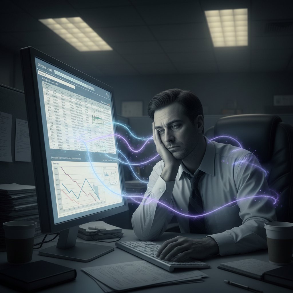 Mężczyzna zmęczony w biurze, ekran komputera, wyczerpanie energetyczne