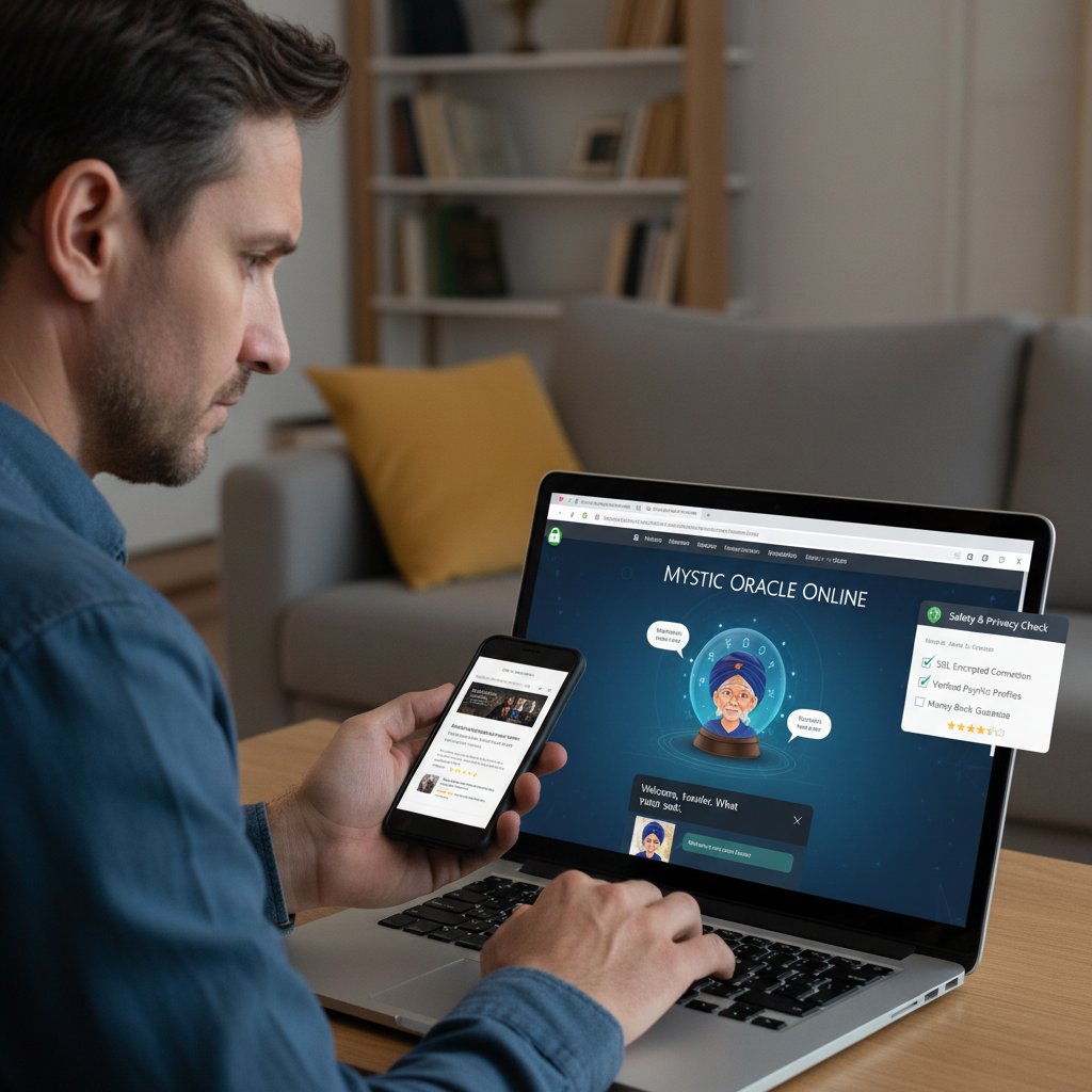 Mężczyzna korzystający z wróżki online, sprawdzający warunki bezpieczeństwa na ekranie