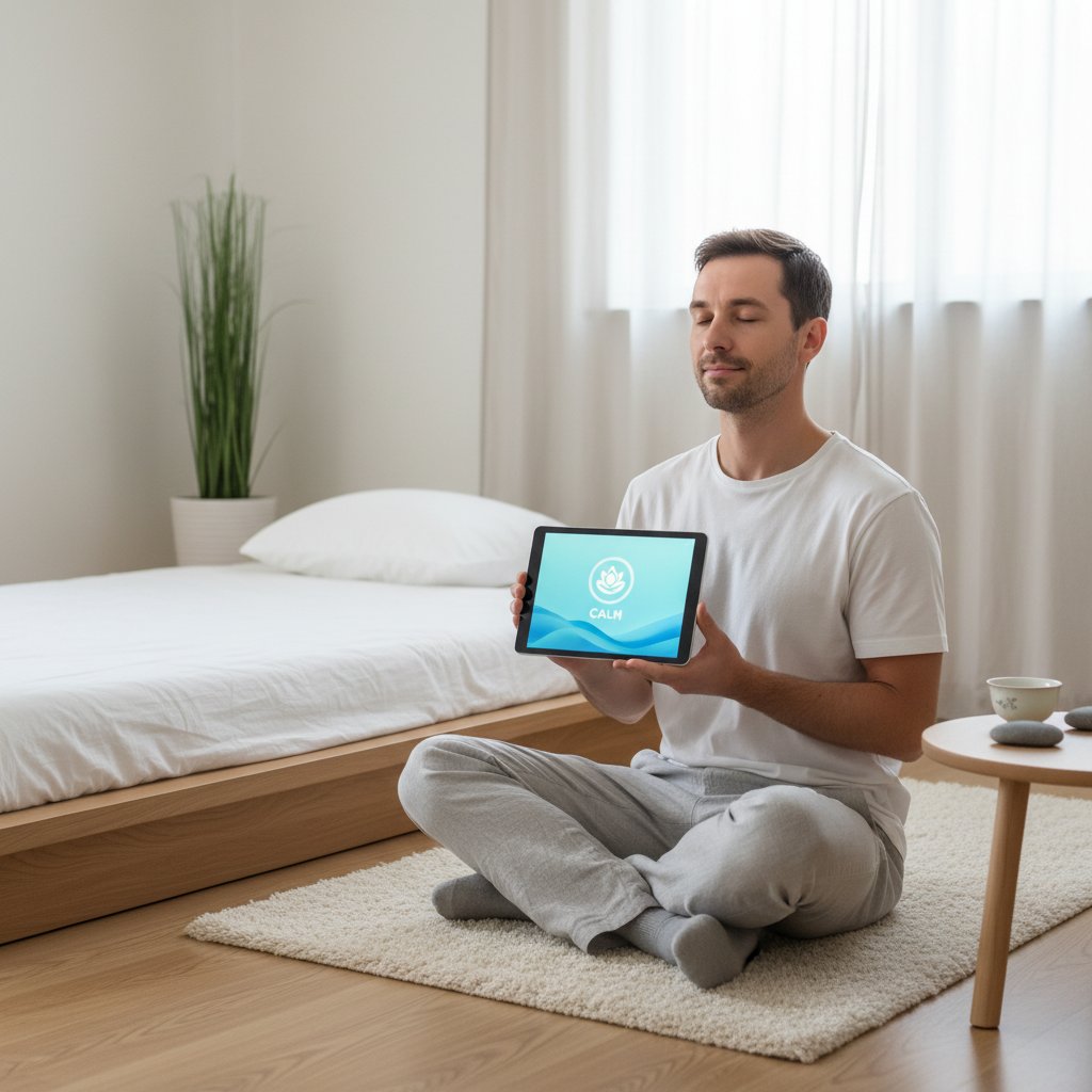 Mężczyzna korzystający z aplikacji mindfulness na smartfonie w minimalistycznym wnętrzu
