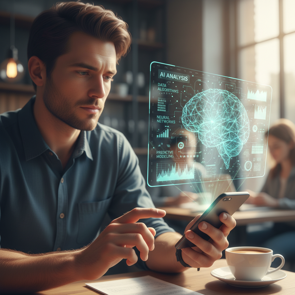 Mężczyzna korzystający z aplikacji na smartfonie, analiza wystąpienia przez AI, wsparcie emocjonalne