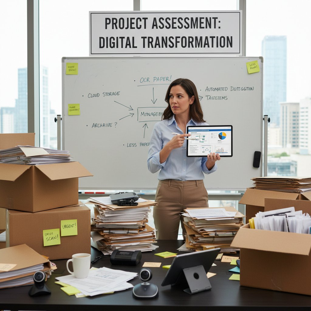 Manager assessing document chaos in office before implementing digitization methods