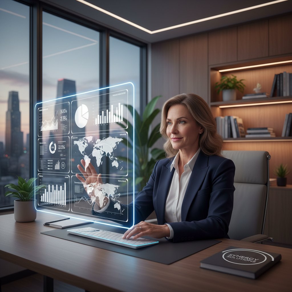 Menedżer korzystający z personalizowanego dashboardu analitycznego na laptopie w biurze