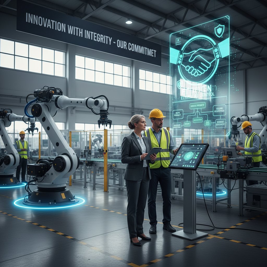 Manager sprawdzający listę kontrolną wdrożenia robota w zakładzie pracy. Słowa kluczowe: wdrożenie robotów, etyczna kontrola, przemysł