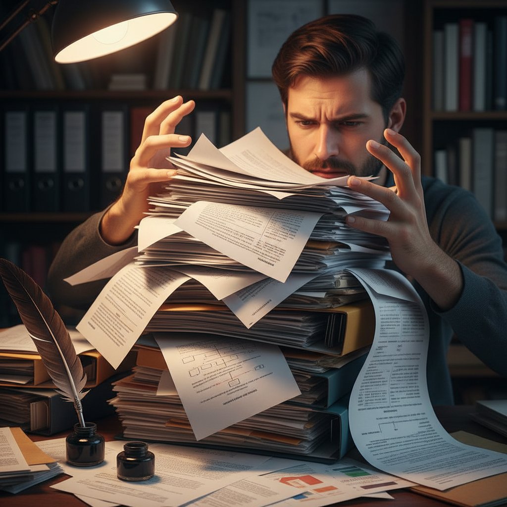 A professional office worker hunched over a desk, surrounded by piles of printed documents, struggling to keep up with manual drafting tasks, with a computer turned off in the background, symbolizing resistance to digital change in document drafting automation software